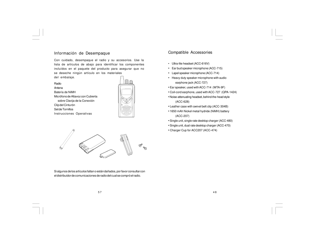 Midland Radio PL5164 Series, PL5161 Series manual Información de Desempaque, Compatible Accessories 