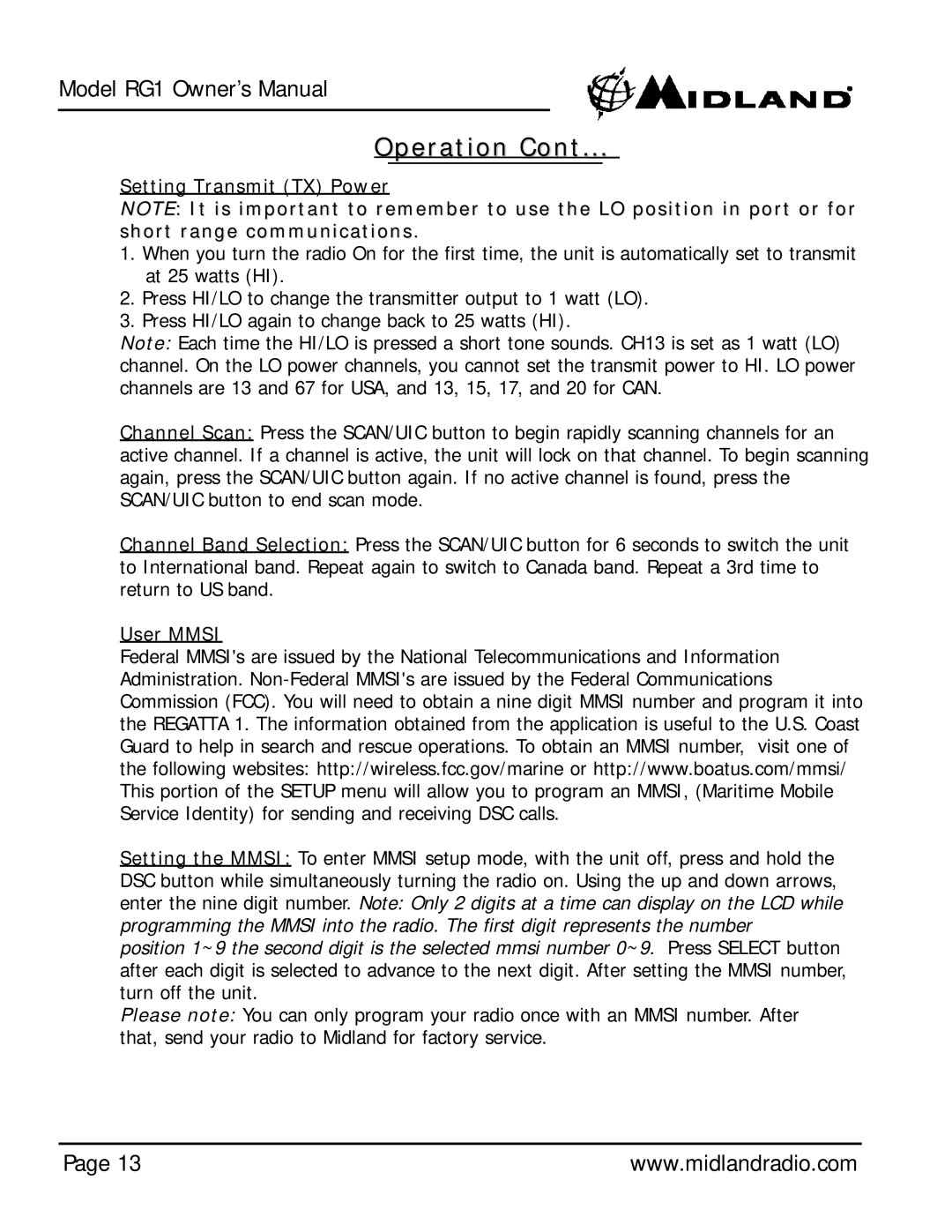 Midland Radio Regatta 1 owner manual Setting Transmit TX Power, User Mmsi 