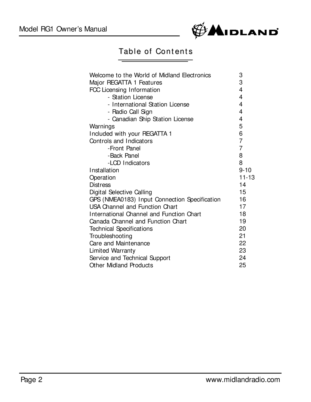 Midland Radio Regatta 1 owner manual Table of Contents 