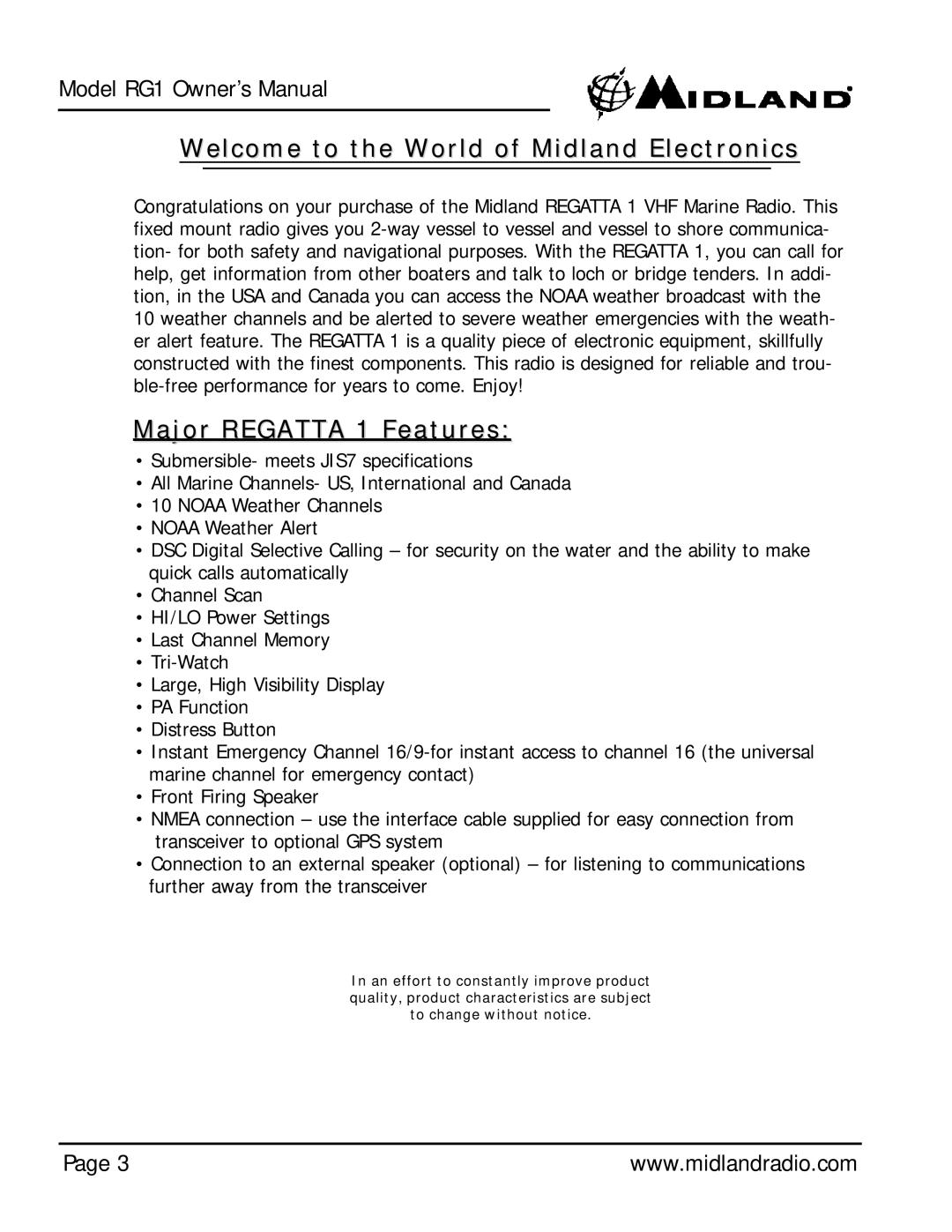 Midland Radio owner manual Welcome to the World of Midland Electronics, Major Regatta 1 Features 