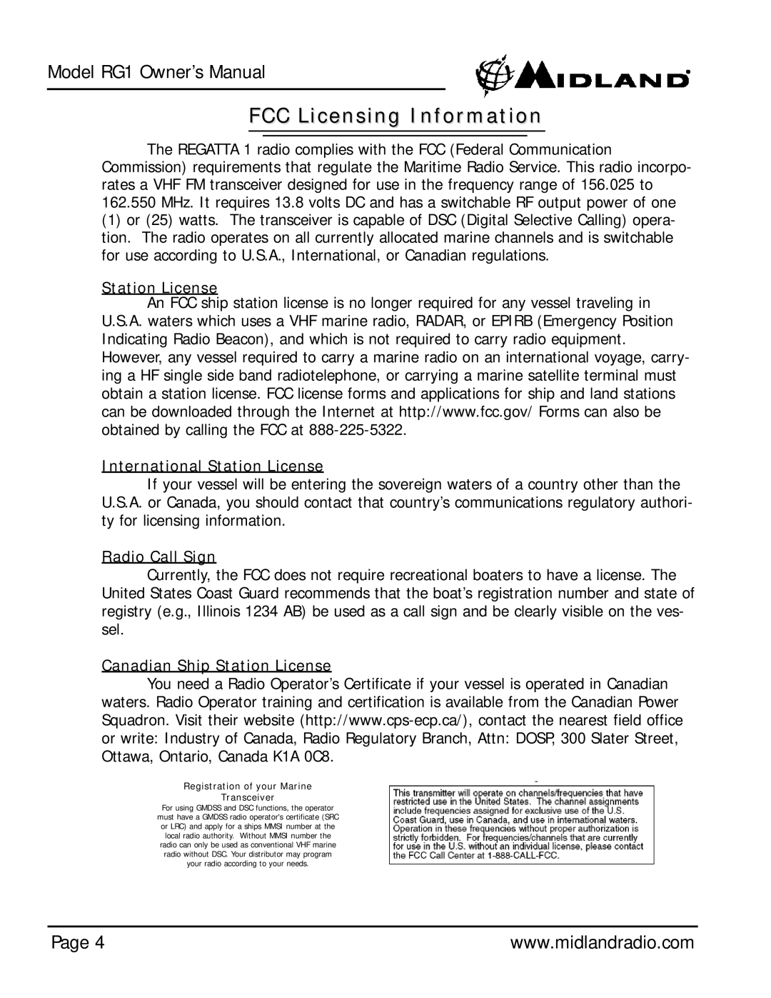 Midland Radio Regatta 1 FCC Licensing Information, Station License International Station License, Radio Call Sign 