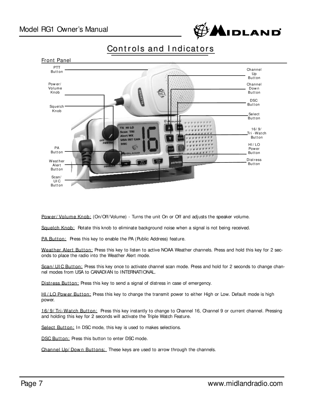 Midland Radio Regatta 1 owner manual Controls and Indicators, Front Panel 