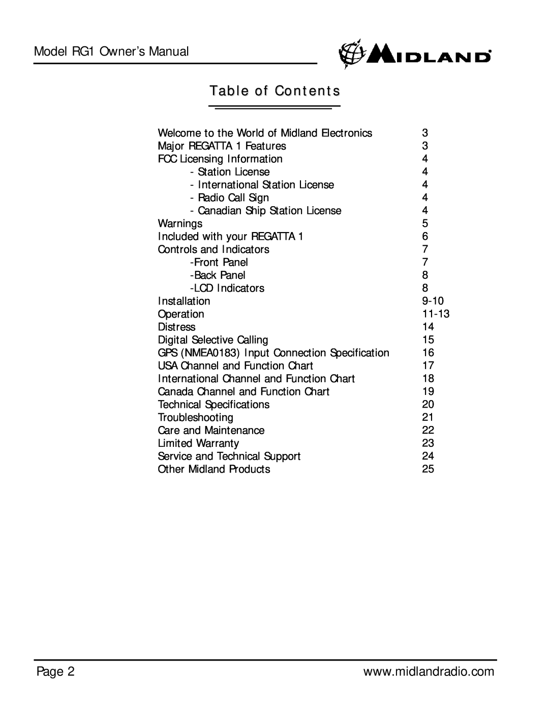 Midland Radio Regatta 1 owner manual Page, Table of Contents 