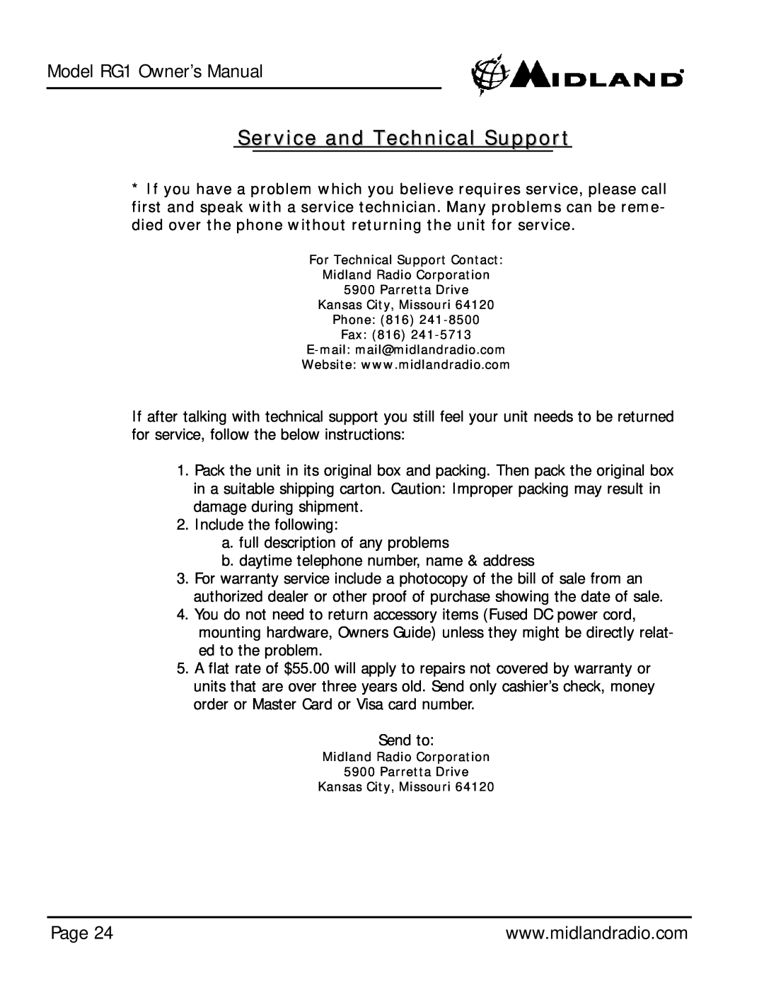 Midland Radio Regatta 1 owner manual Service and Technical Support, Page 