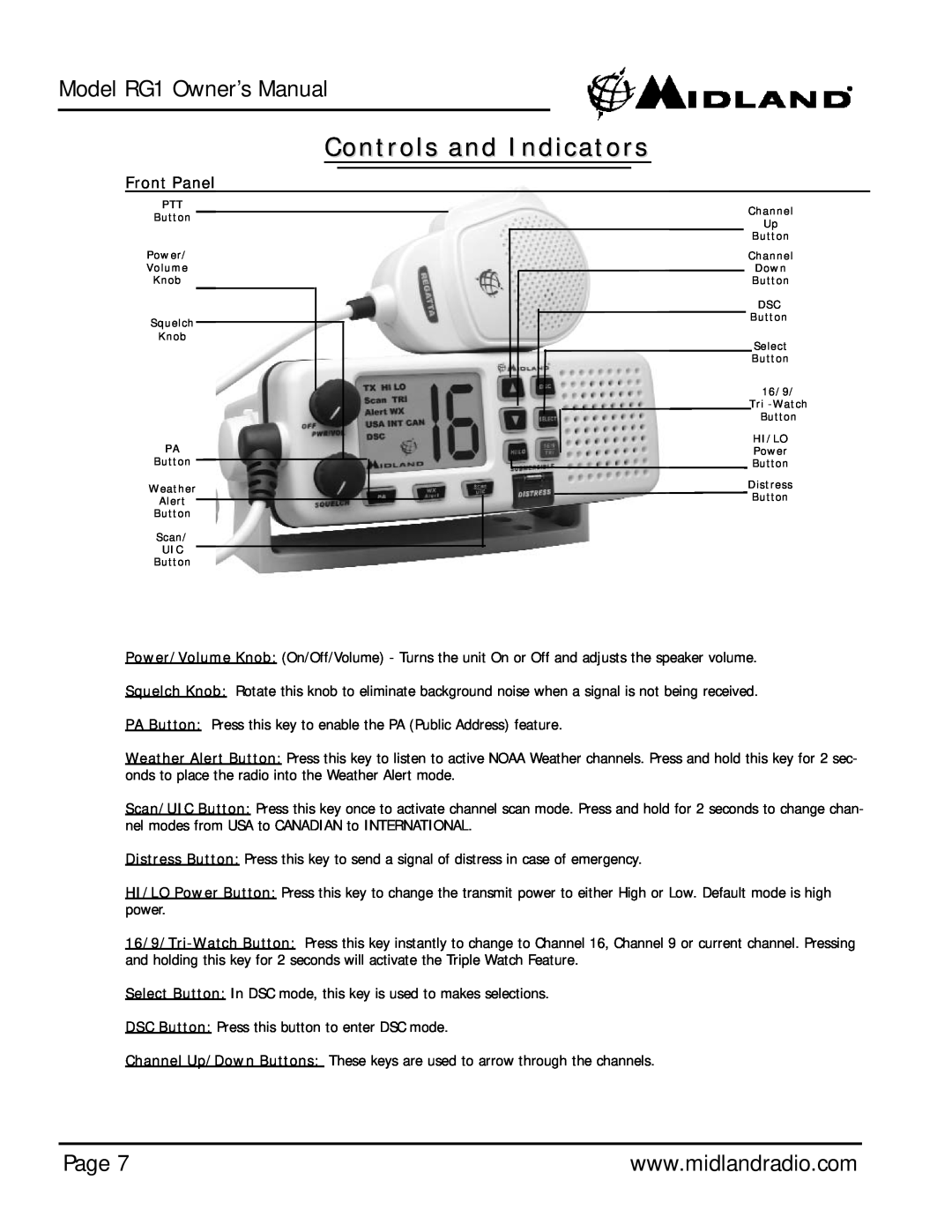 Midland Radio Regatta 1 owner manual Controls and Indicators, Page, Front Panel 