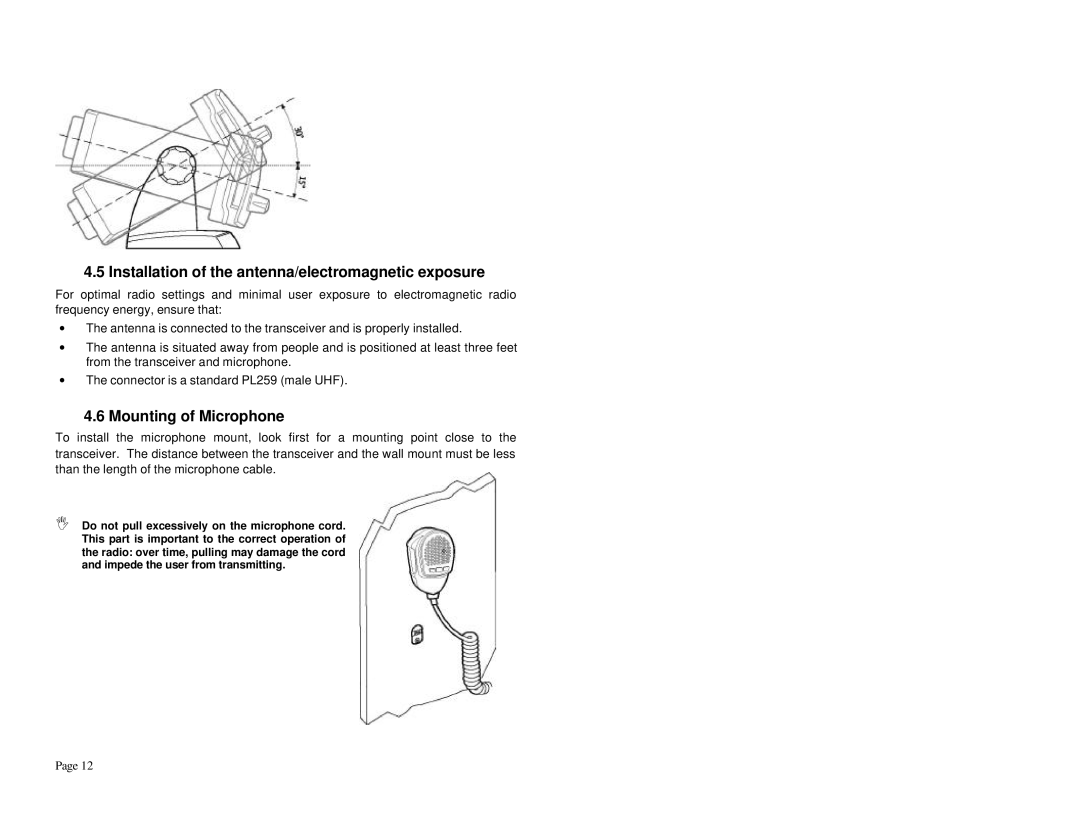 Midland Radio RG2B, RG2W manual Installation of the antenna/electromagnetic exposure, Mounting of Microphone 