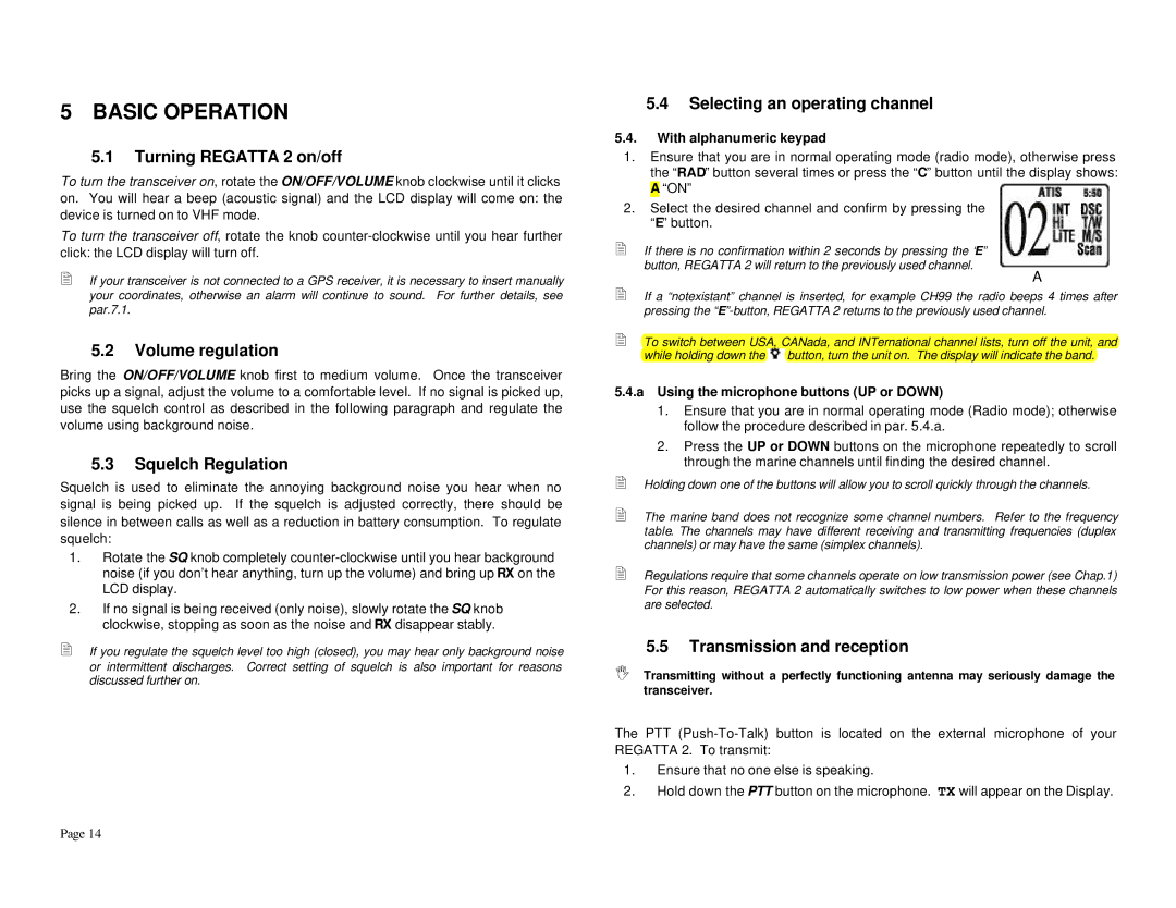 Midland Radio RG2B, RG2W manual Basic Operation, Turning Regatta 2 on/off, Volume regulation, Squelch Regulation 