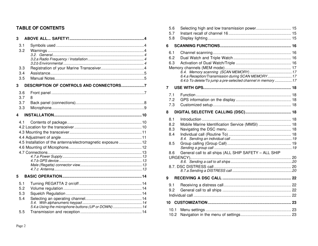 Midland Radio RG2B, RG2W manual Table of Contents 