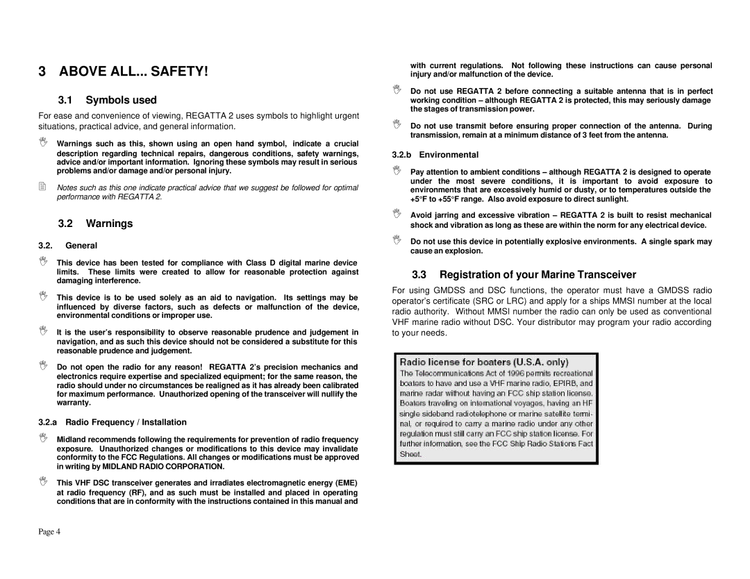 Midland Radio RG2B, RG2W manual Above ALL... Safety, Symbols used, Registration of your Marine Transceiver 
