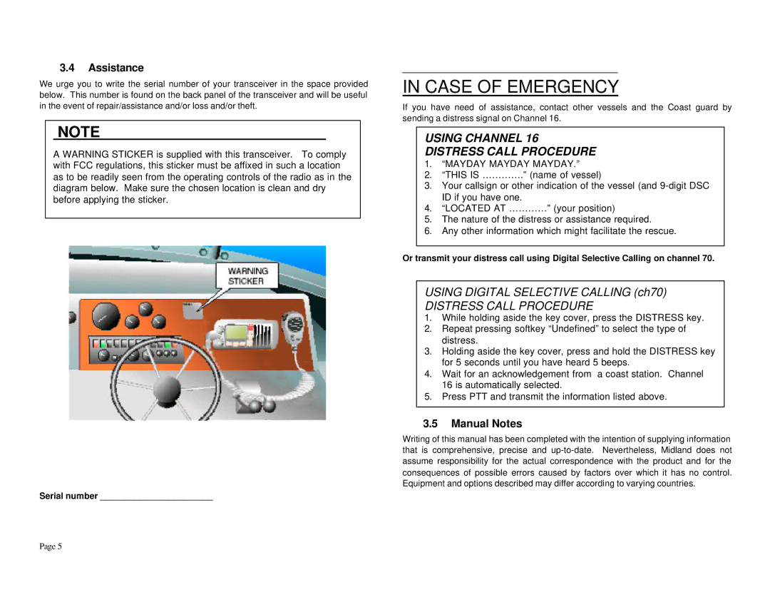 Midland Radio RG2W, RG2B manual Assistance, Manual Notes, Serial number 