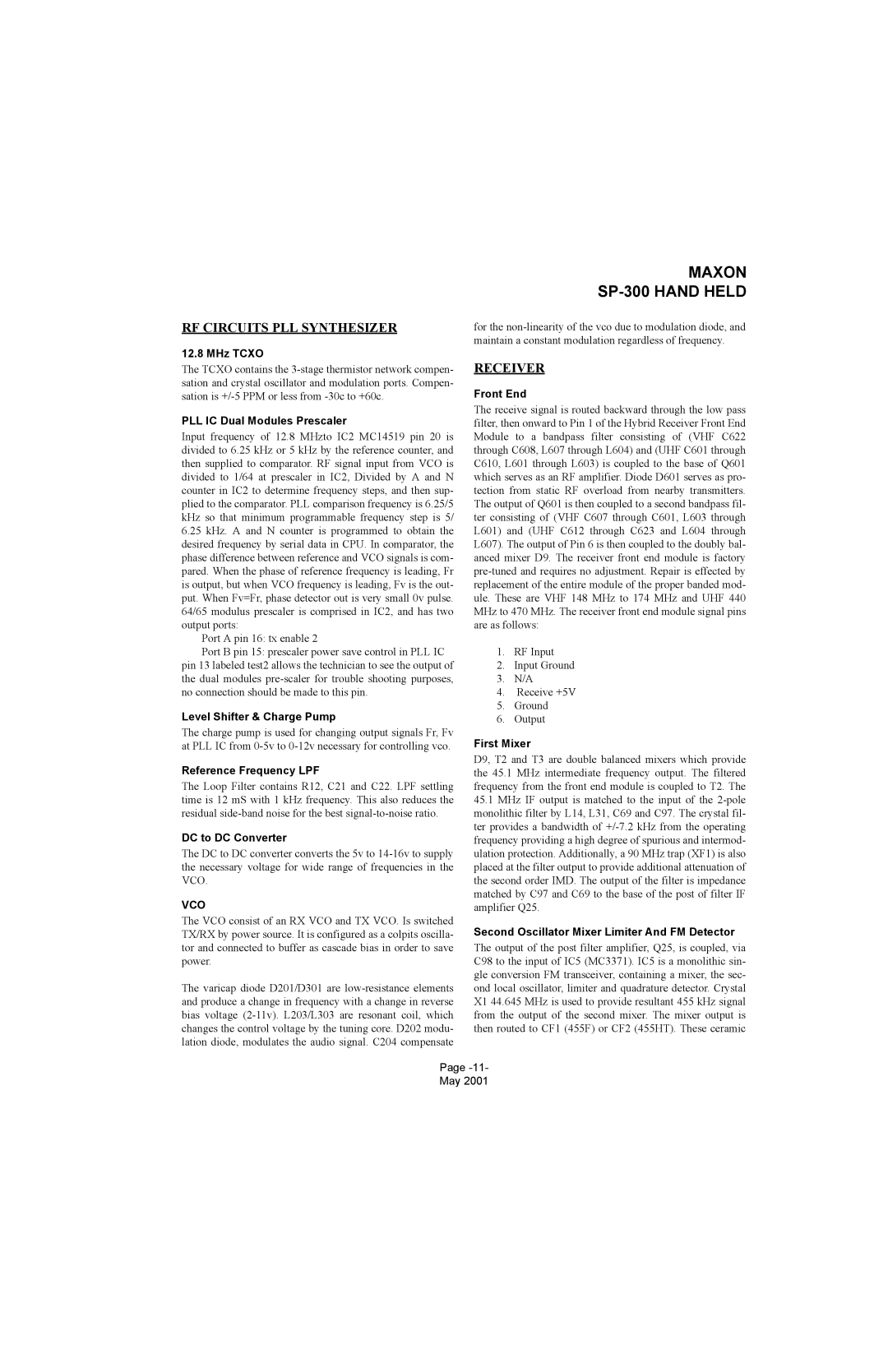 Midland Radio SP-300 service manual RF Circuits PLL Synthesizer 