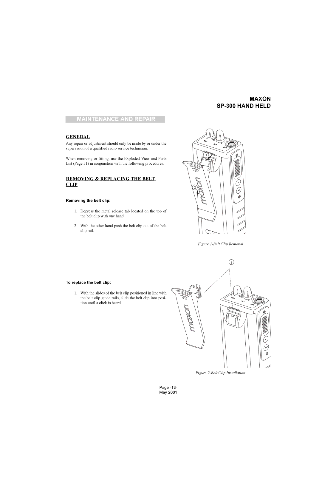 Midland Radio SP-300 service manual Maintenance and Repair, Removing & Replacing the Belt Clip, Removing the belt clip 