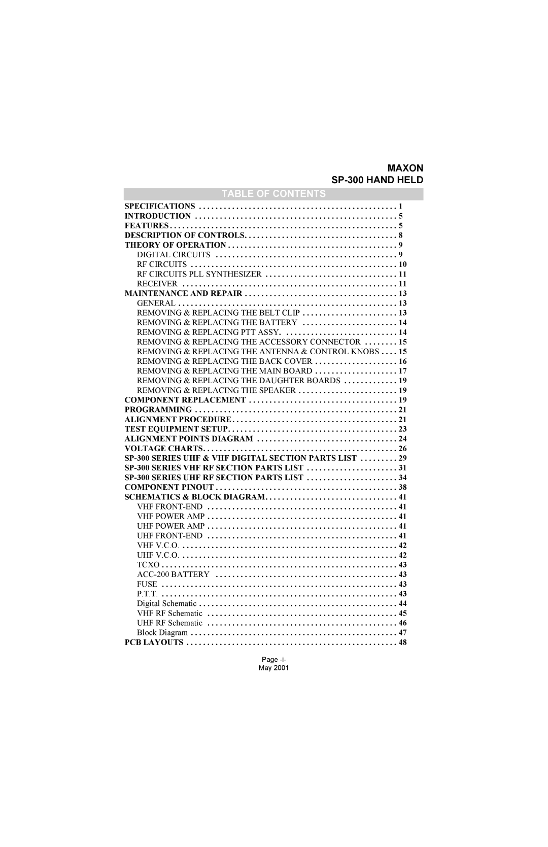 Midland Radio SP-300 service manual Table of Contents 