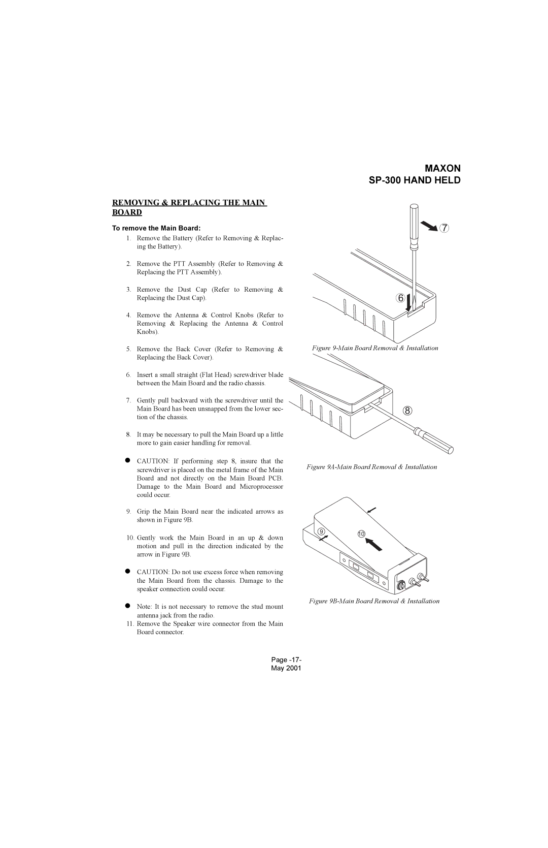 Midland Radio SP-300 service manual Removing & Replacing the Main Board, To remove the Main Board 