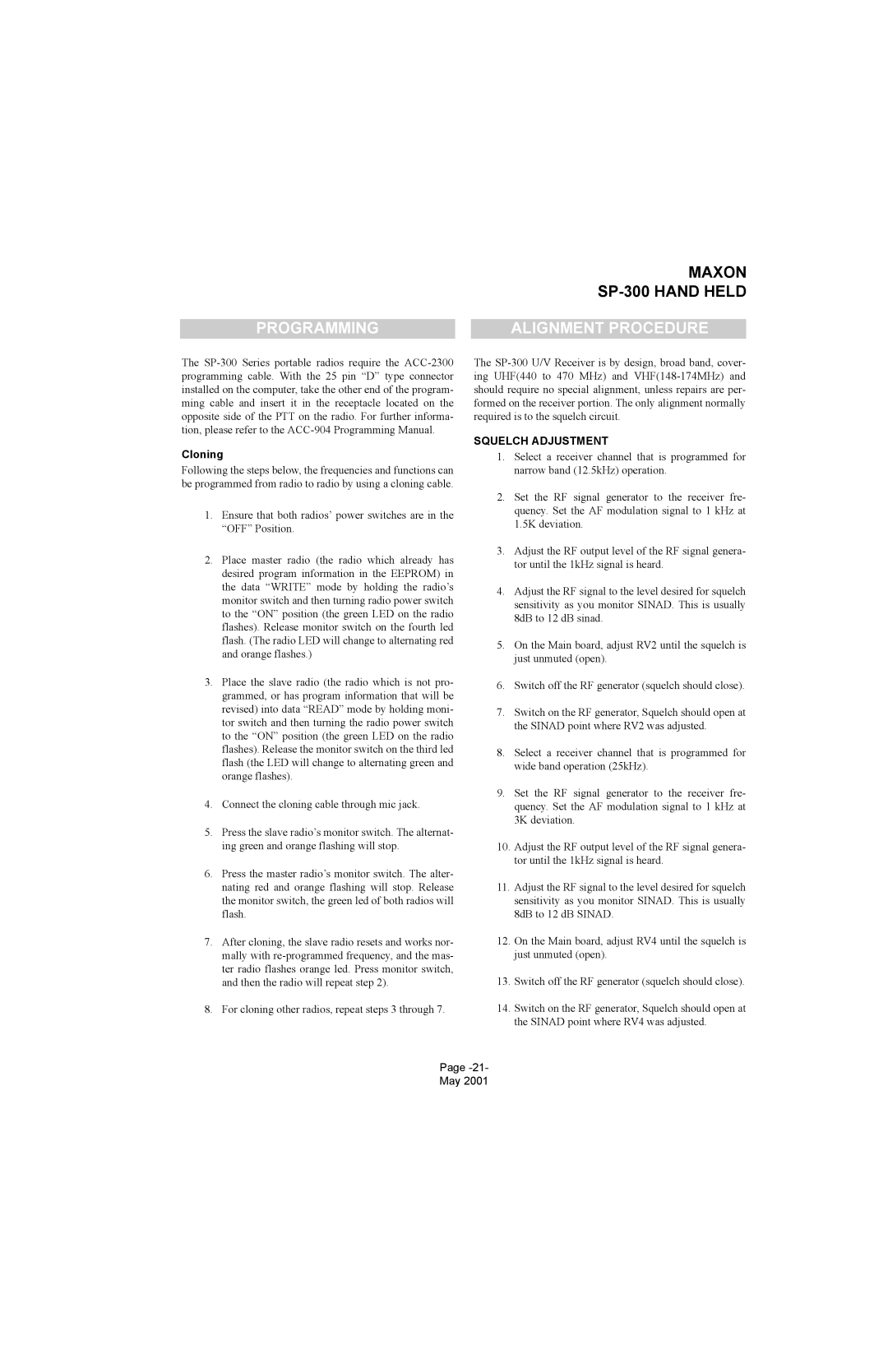 Midland Radio SP-300 service manual Programming, Alignment Procedure, Cloning 