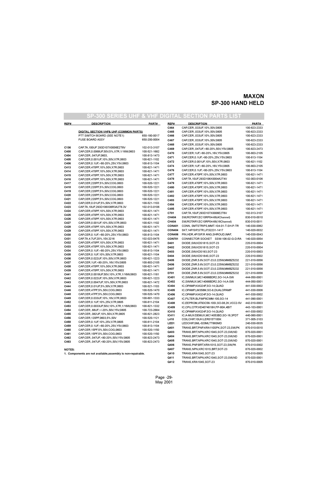 Midland Radio service manual SP-300 Series UHF & VHF Digital Section Parts List, REF# Description PART# 