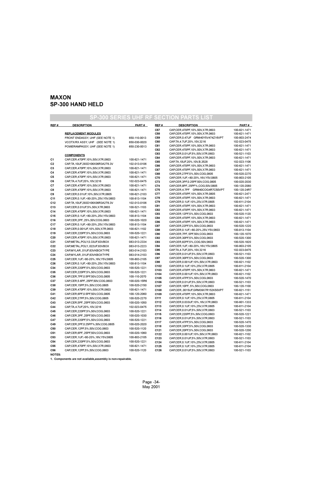 Midland Radio service manual SP-300 Series UHF RF Section Parts List 