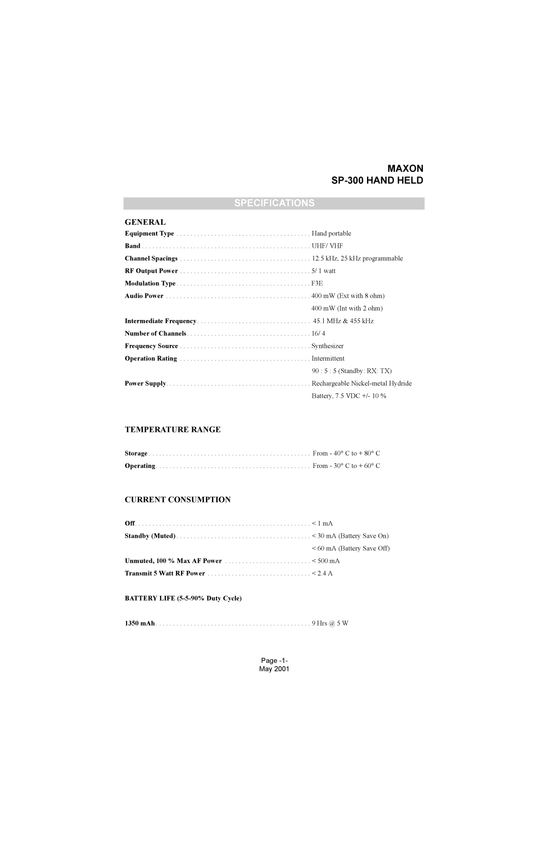 Midland Radio SP-300 service manual Specifications, General, Temperature Range, Current Consumption 