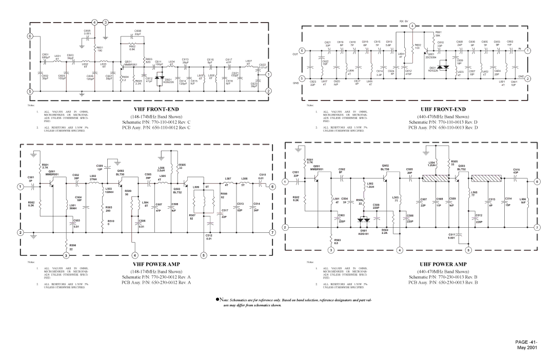 Midland Radio SP-300 service manual Vhf Front-End, Uhf Front-End, VHF Power AMP, UHF Power AMP 