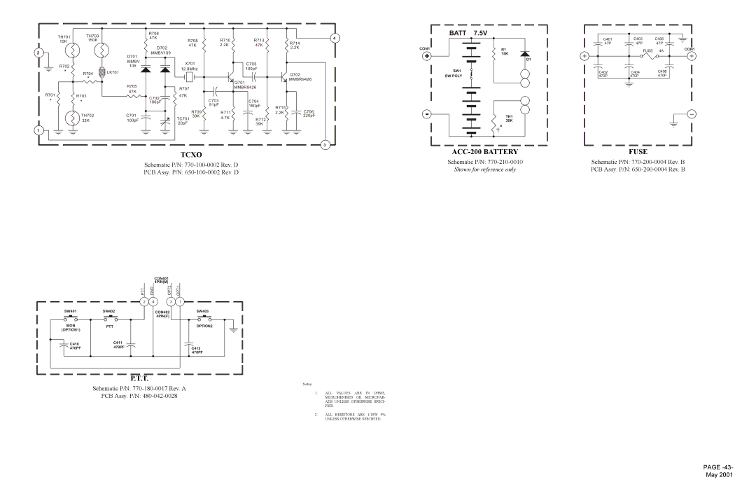 Midland Radio SP-300 service manual Tcxo, ACC-200 Battery, Fuse 