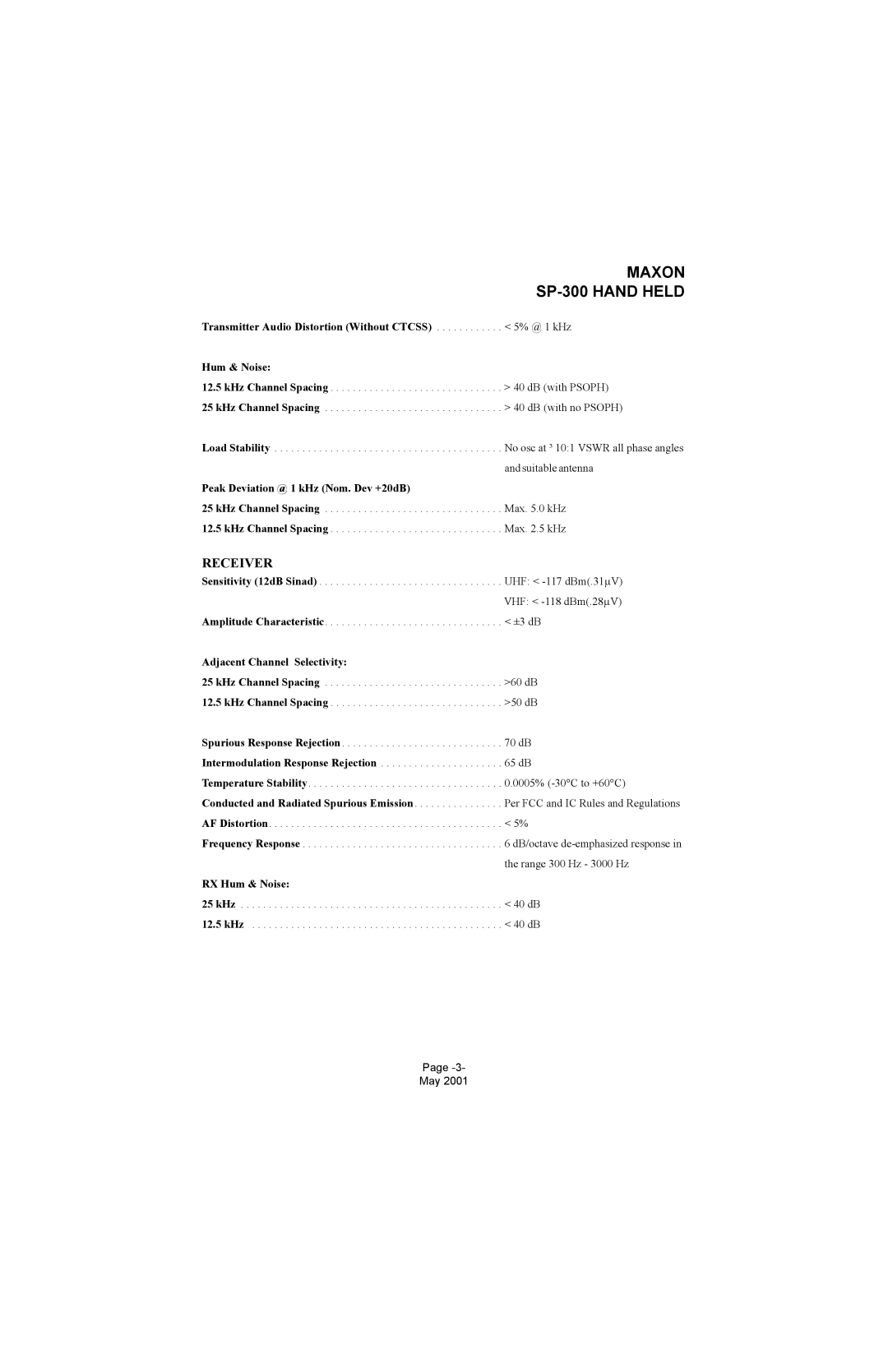 Midland Radio SP-300 service manual Receiver, Peak Deviation @ 1 kHz Nom. Dev +20dB 