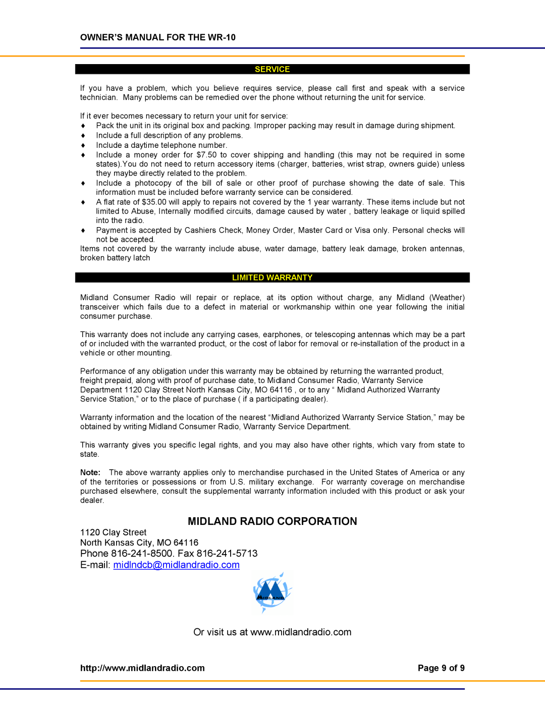 Midland Radio WR-10 Weather Radio owner manual Midland Radio Corporation 