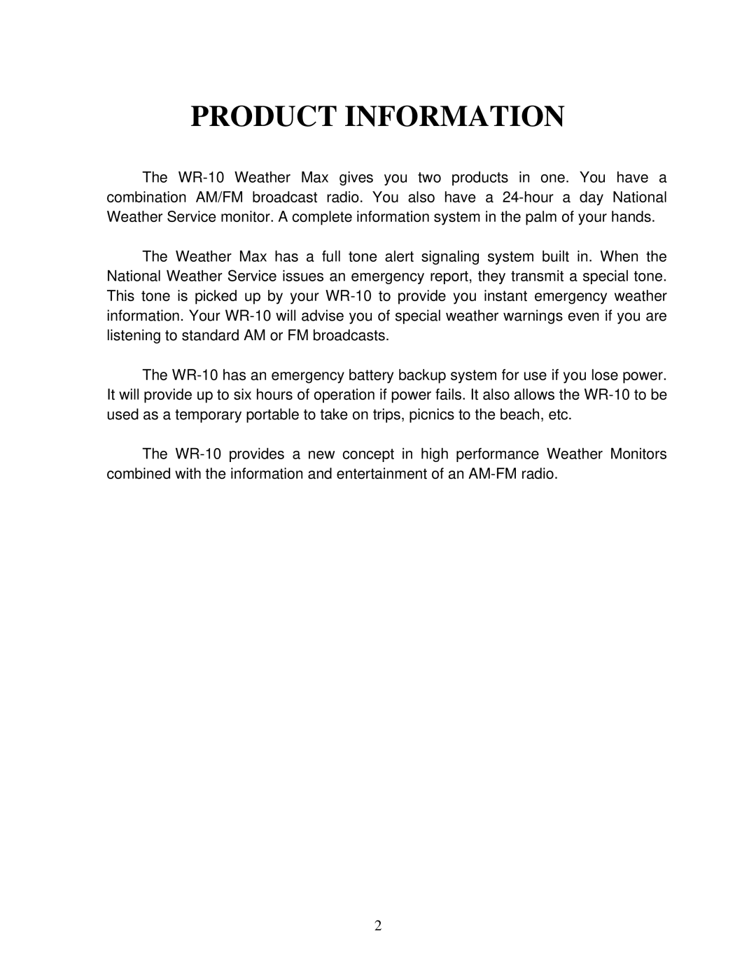 Midland Radio WR-10 manual Product Information 