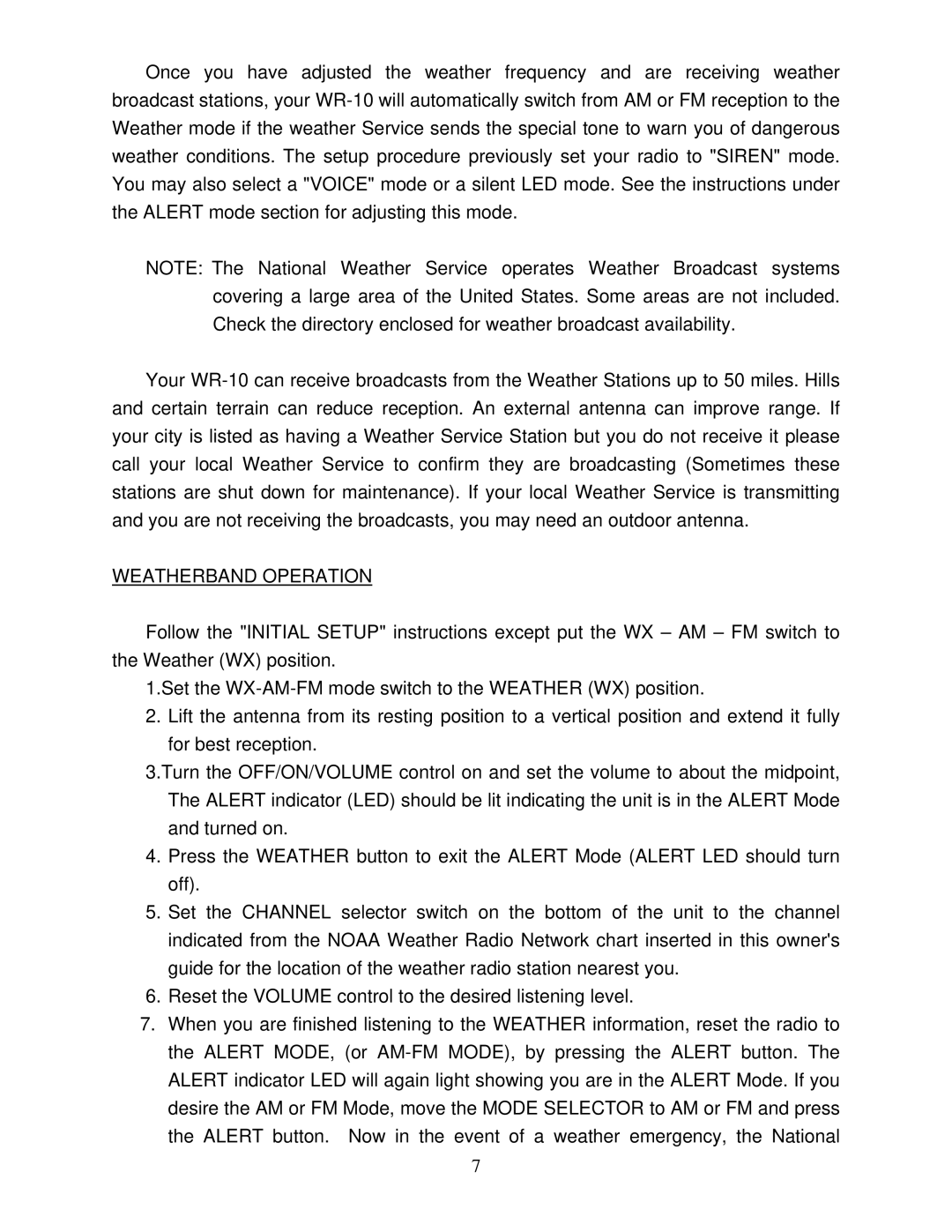 Midland Radio WR-10 manual Weatherband Operation 