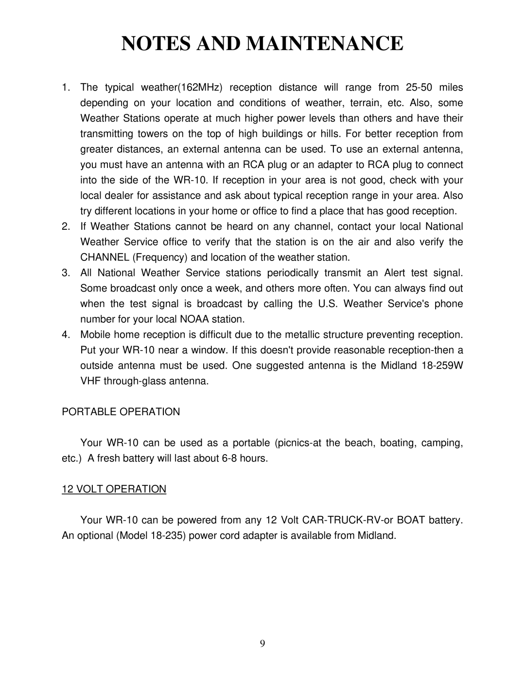 Midland Radio WR-10 manual Portable Operation, Volt Operation 