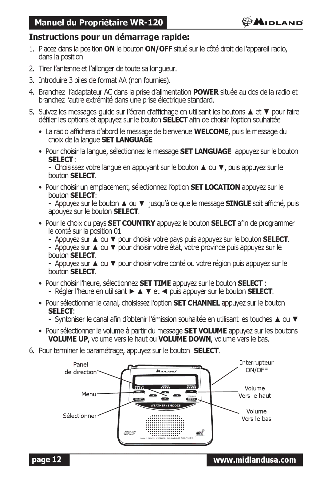 Midland Radio owner manual Manuel du Propriétaire WR-120, Instructions pour un démarrage rapide 