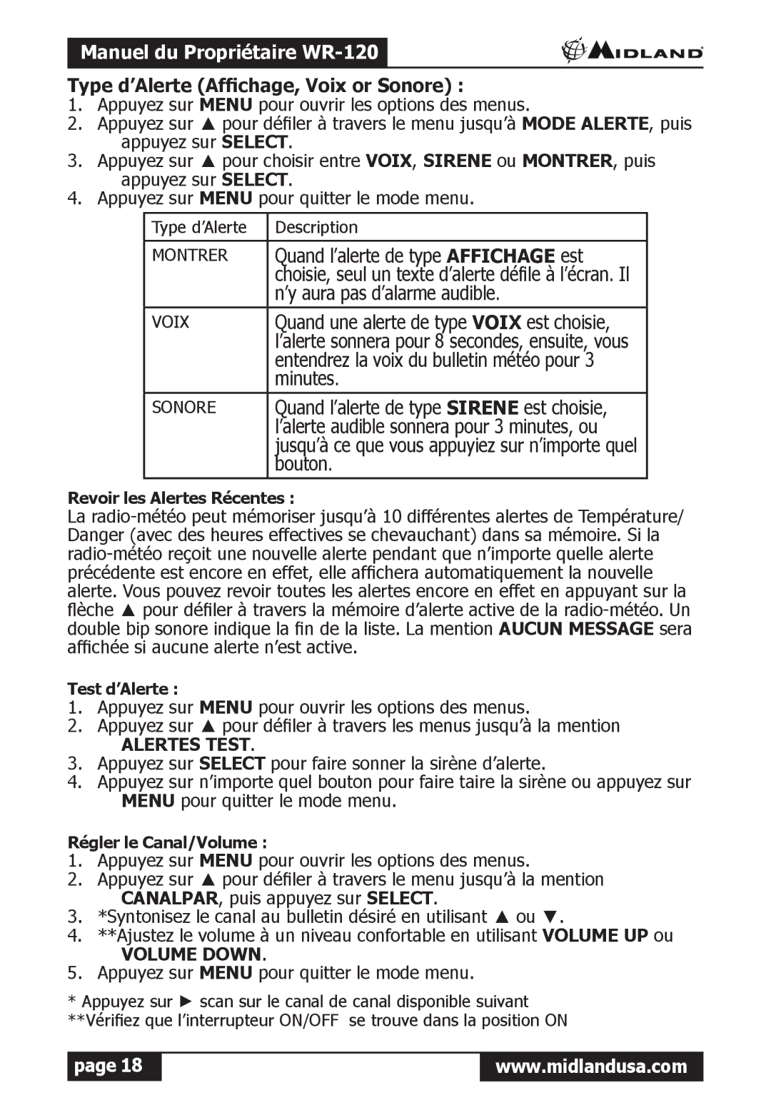 Midland Radio WR-120 owner manual Type d’Alerte Affichage, Voix or Sonore, Alertes Test 