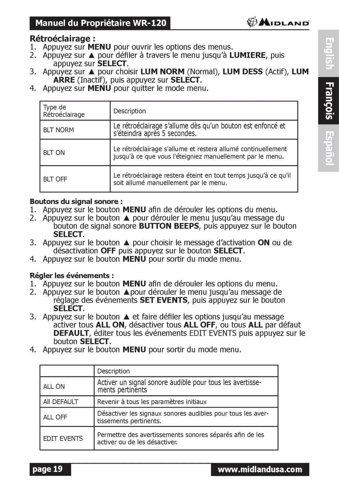 Midland Radio WR-120 owner manual Rétroéclairage, ’éteindra après 5 secondes 