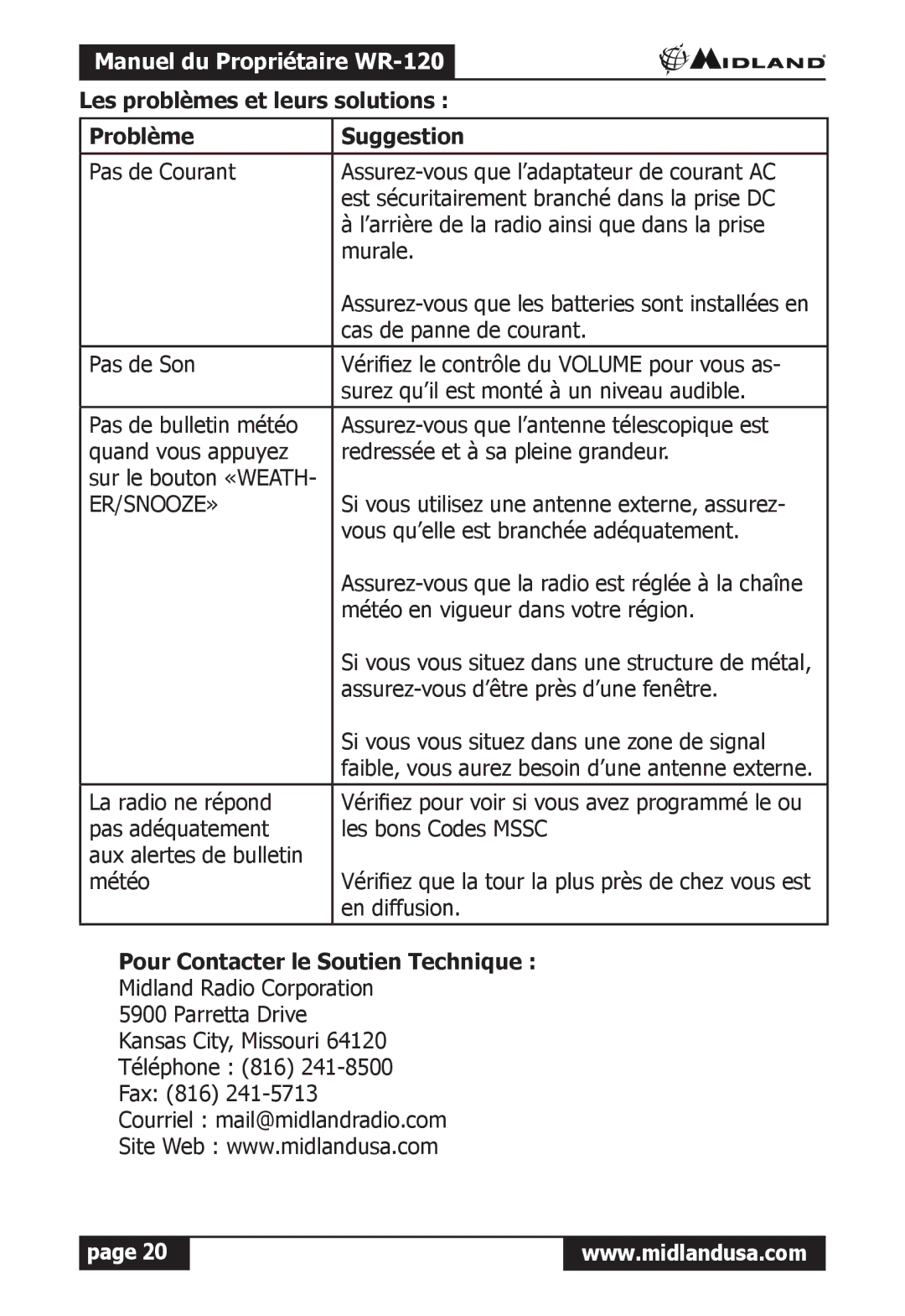 Midland Radio WR-120 owner manual Les problèmes et leurs solutions Problème Suggestion, Pour Contacter le Soutien Technique 