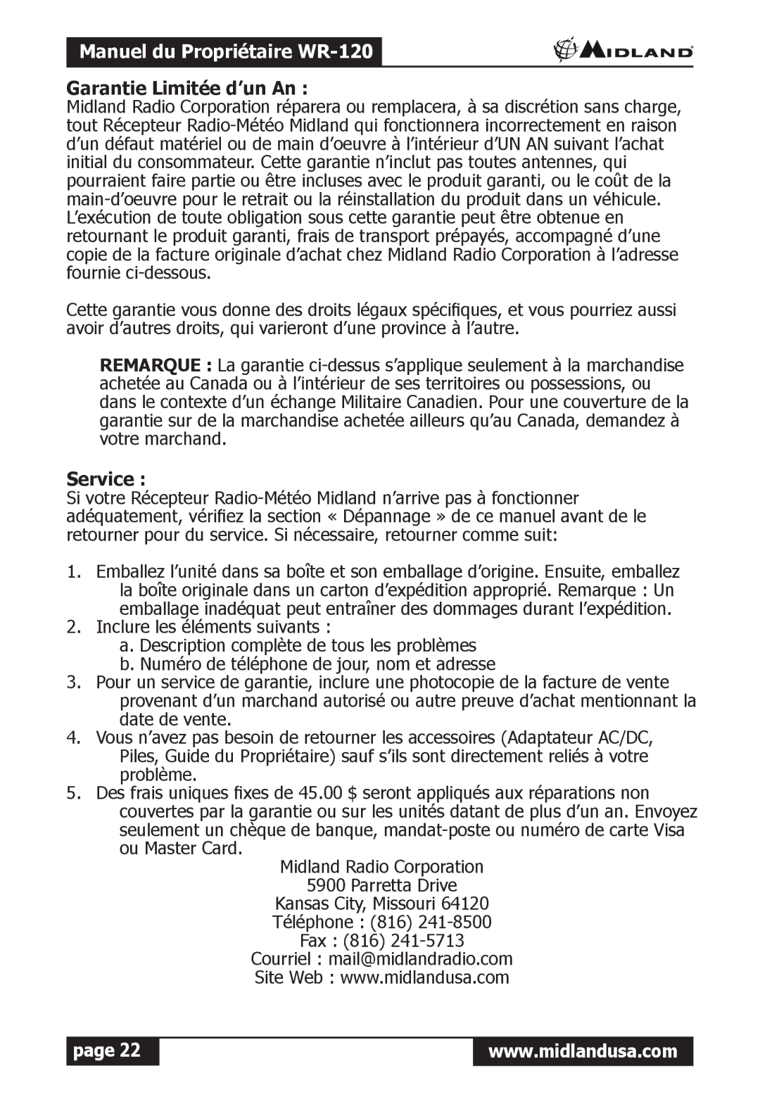 Midland Radio WR-120 owner manual Garantie Limitée d’un An, Service 