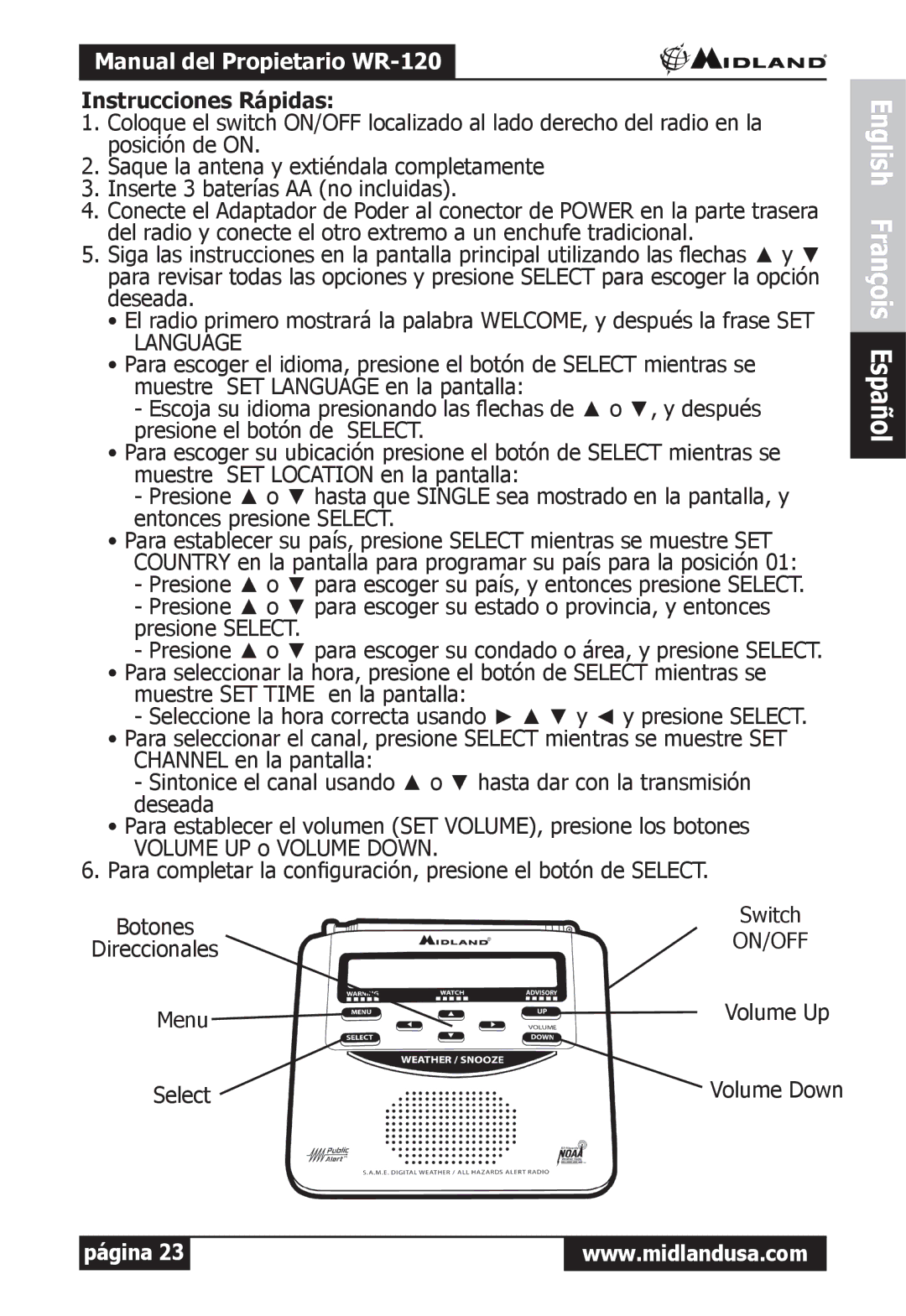 Midland Radio owner manual Manual del Propietario WR-120, Instrucciones Rápidas 