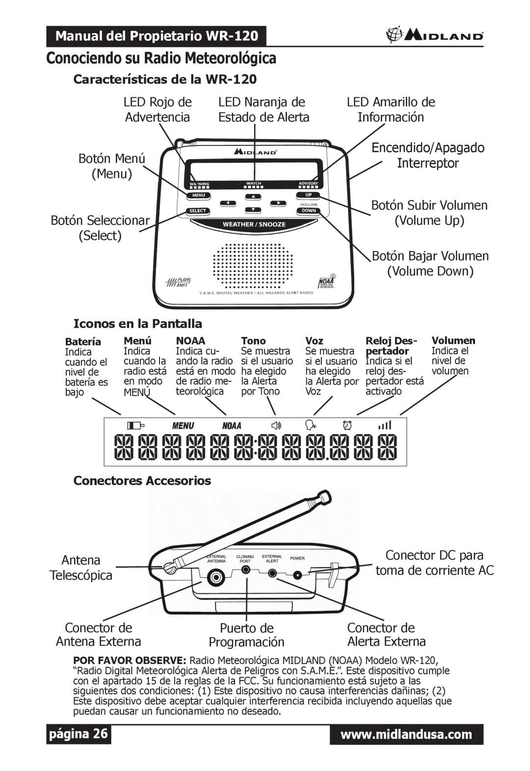 Midland Radio owner manual Conociendo su Radio Meteorológica, Características de la WR-120, Iconos en la Pantalla 