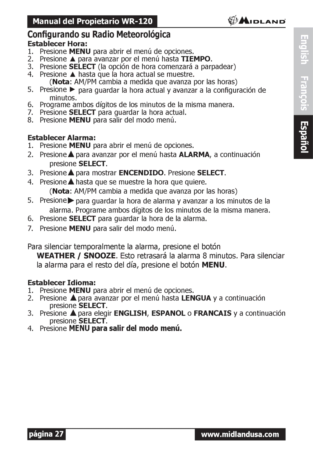 Midland Radio WR-120 Configurando su Radio Meteorológica, Establecer Hora, Establecer Alarma, Establecer Idioma 