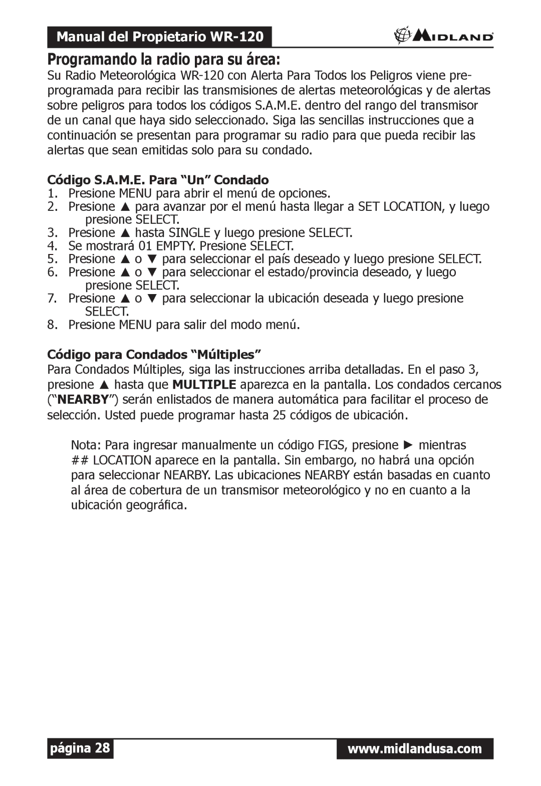 Midland Radio WR-120 Programando la radio para su área, Código S.A.M.E. Para Un Condado, Código para Condados Múltiples 