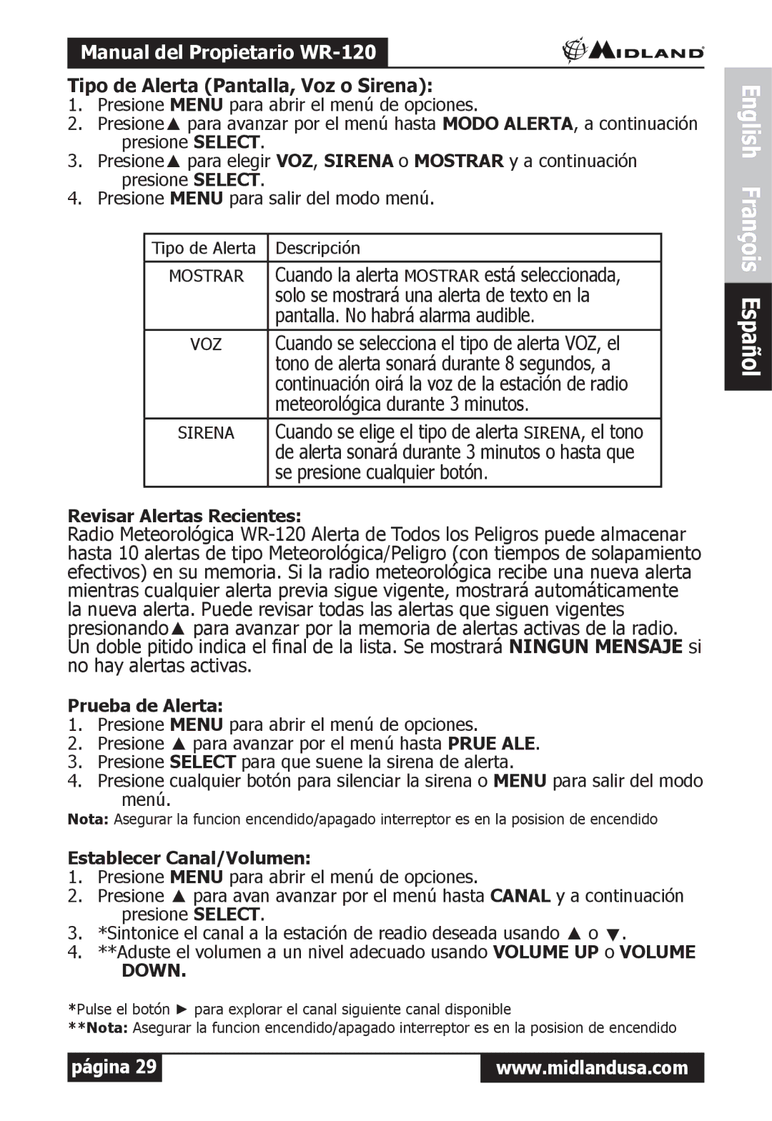 Midland Radio WR-120 owner manual Tipo de Alerta Pantalla, Voz o Sirena, Revisar Alertas Recientes, Prueba de Alerta 