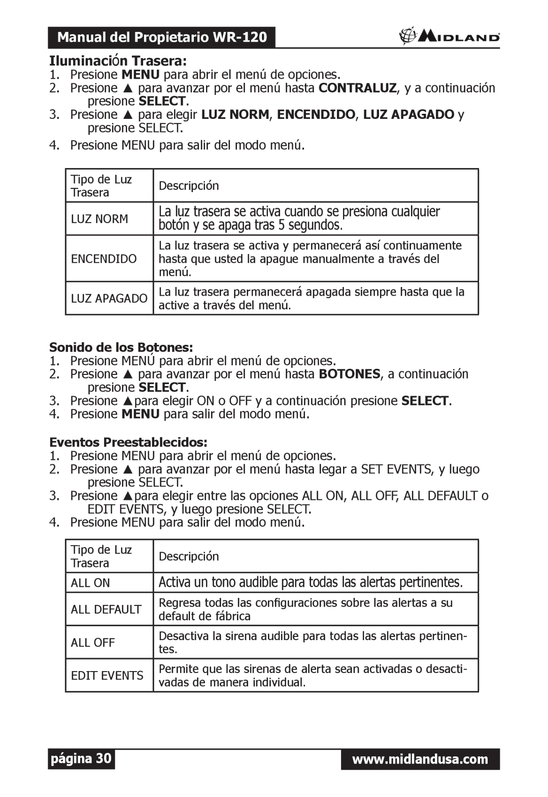 Midland Radio WR-120 owner manual Iluminación Trasera, Sonido de los Botones, Eventos Preestablecidos 