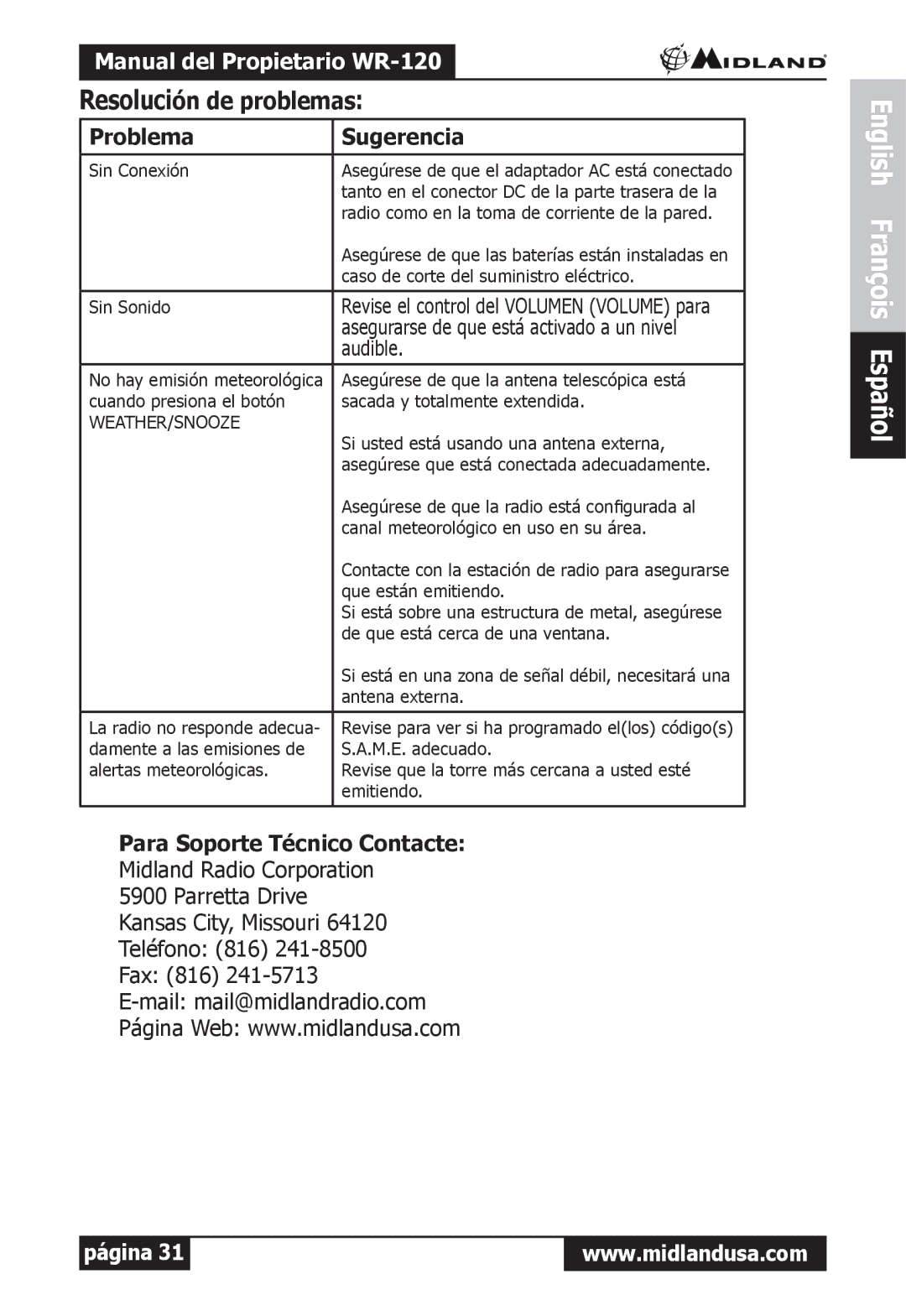 Midland Radio WR-120 owner manual Problema Sugerencia, Para Soporte Técnico Contacte 