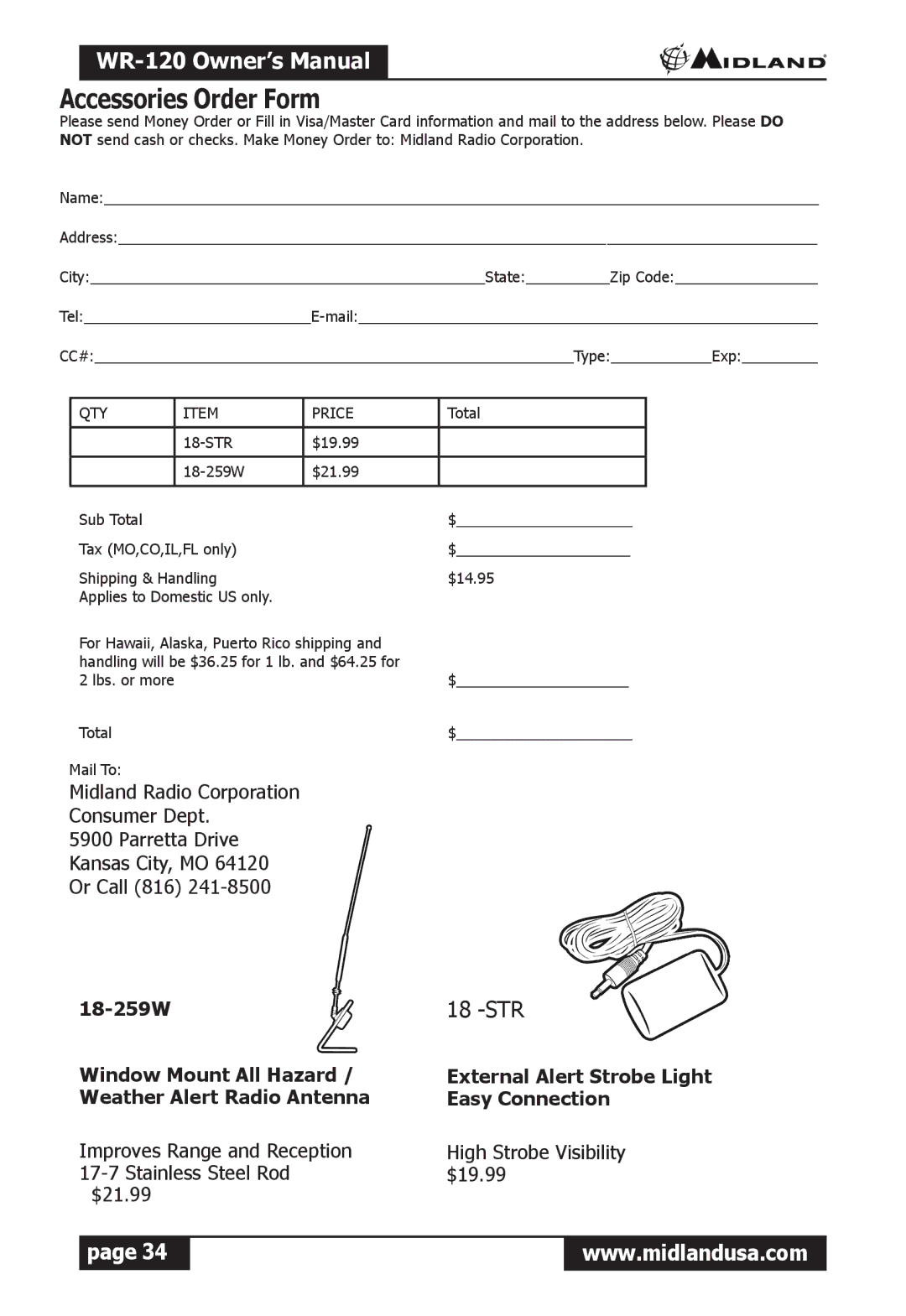 Midland Radio WR-120 owner manual Accessories Order Form, QTY Price 