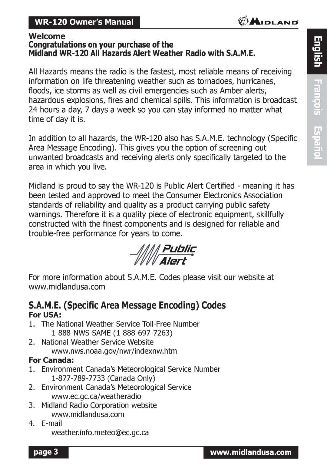 Midland Radio WR-120 owner manual M.E. Specific Area Message Encoding Codes, Welcome, For USA, For Canada 