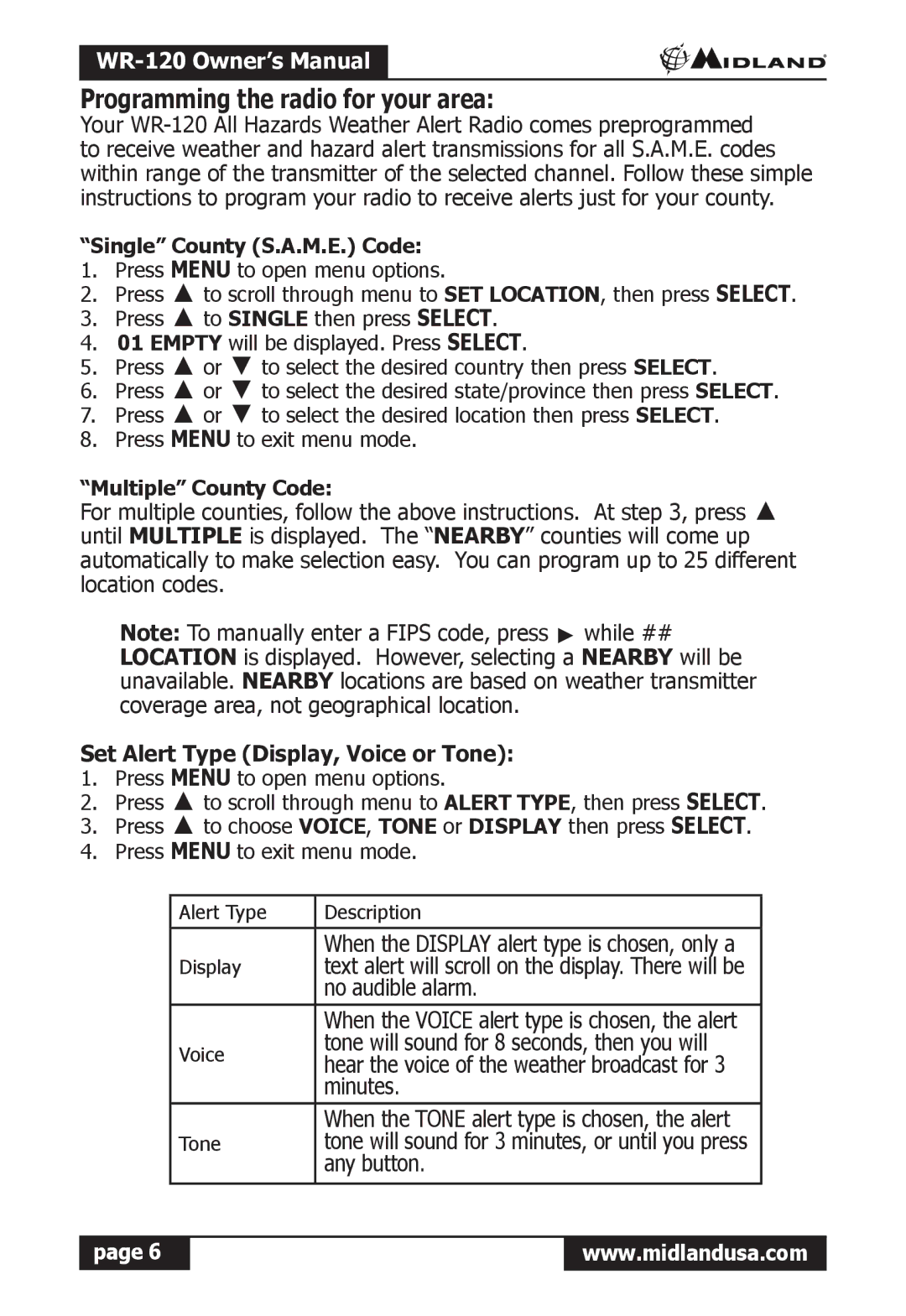 Midland Radio WR-120 owner manual Programming the radio for your area, Single County S.A.M.E. Code, Multiple County Code 