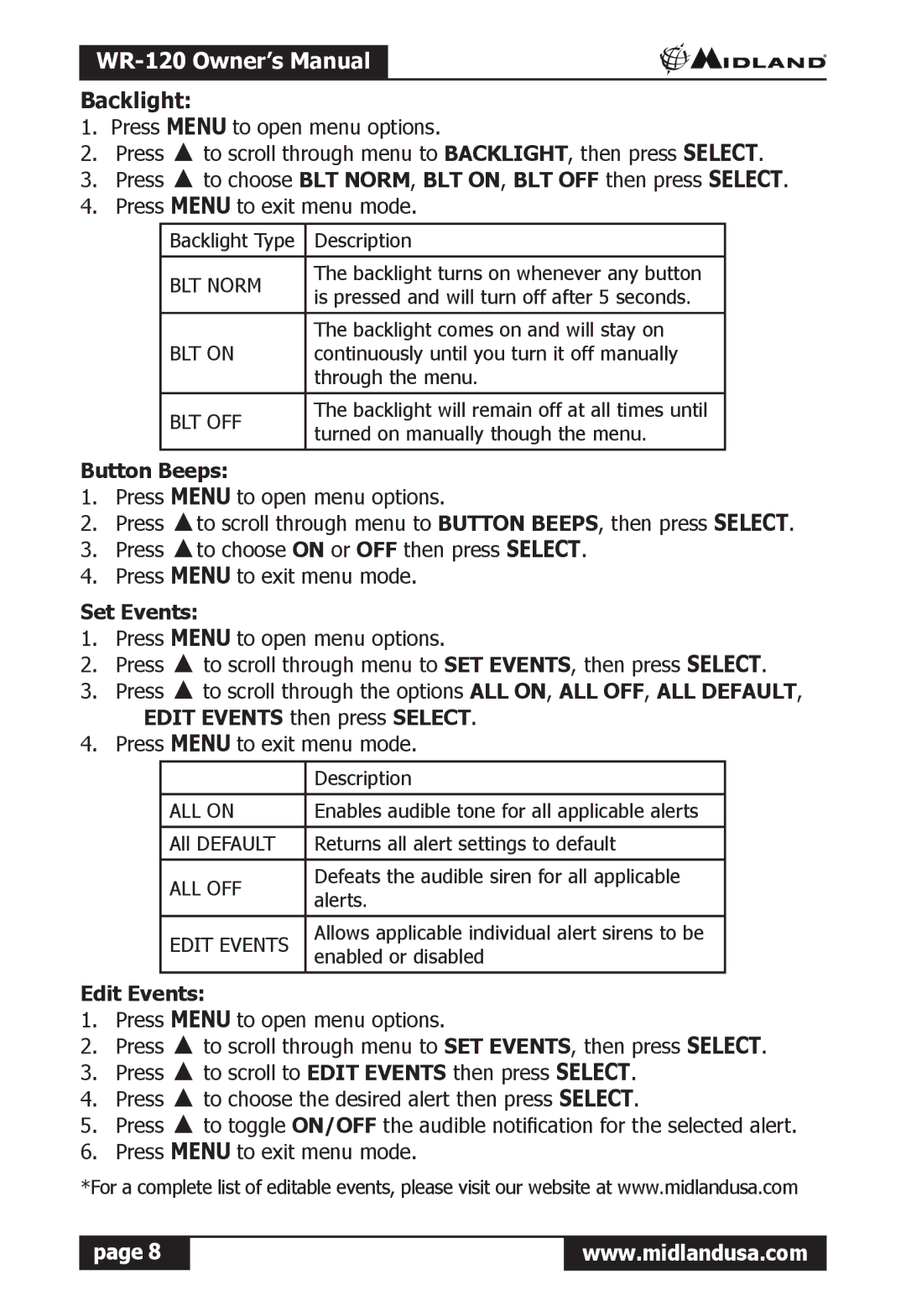Midland Radio WR-120 owner manual Backlight, Button Beeps, Set Events, Edit Events 