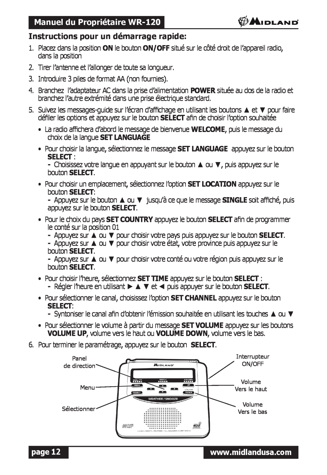 Midland Radio owner manual Manuel du Propriétaire WR-120, Instructions pour un démarrage rapide, Select, page 