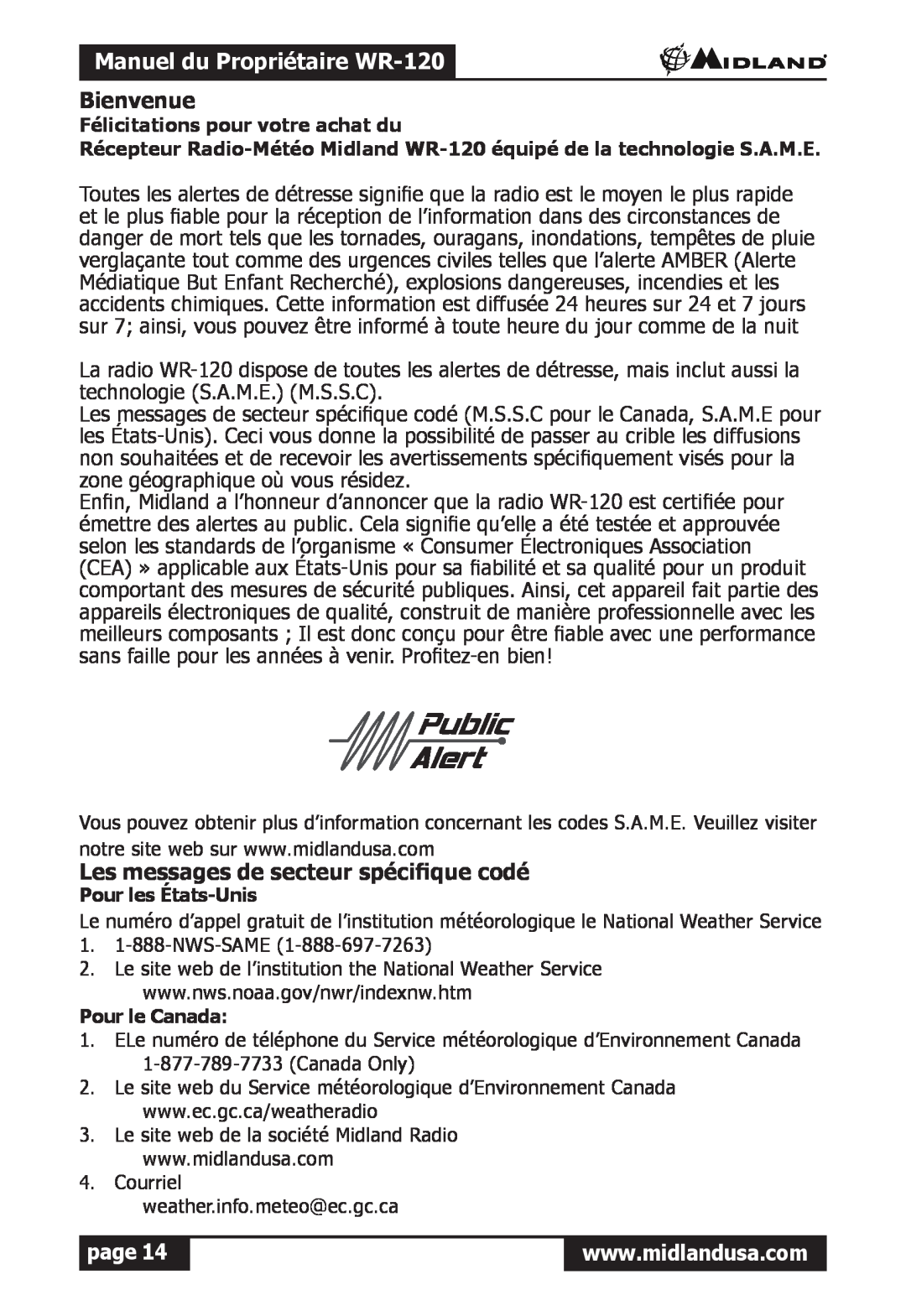 Midland Radio owner manual Manuel du Propriétaire WR-120, Bienvenue, Les messages de secteur spécifique codé, page 