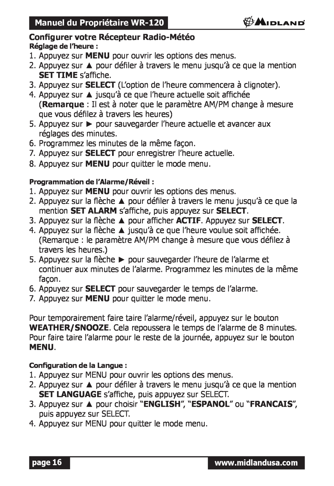 Midland Radio owner manual Manuel du Propriétaire WR-120, Configurer votre Récepteur Radio-Météo, page 