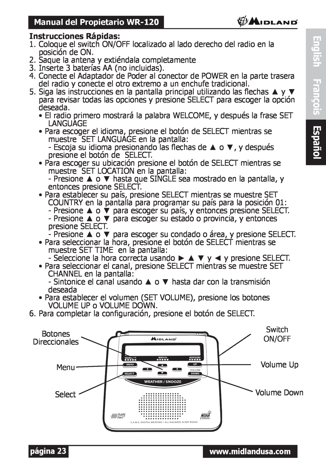 Midland Radio owner manual English François Español, Manual del Propietario WR-120, Instrucciones Rápidas, página 