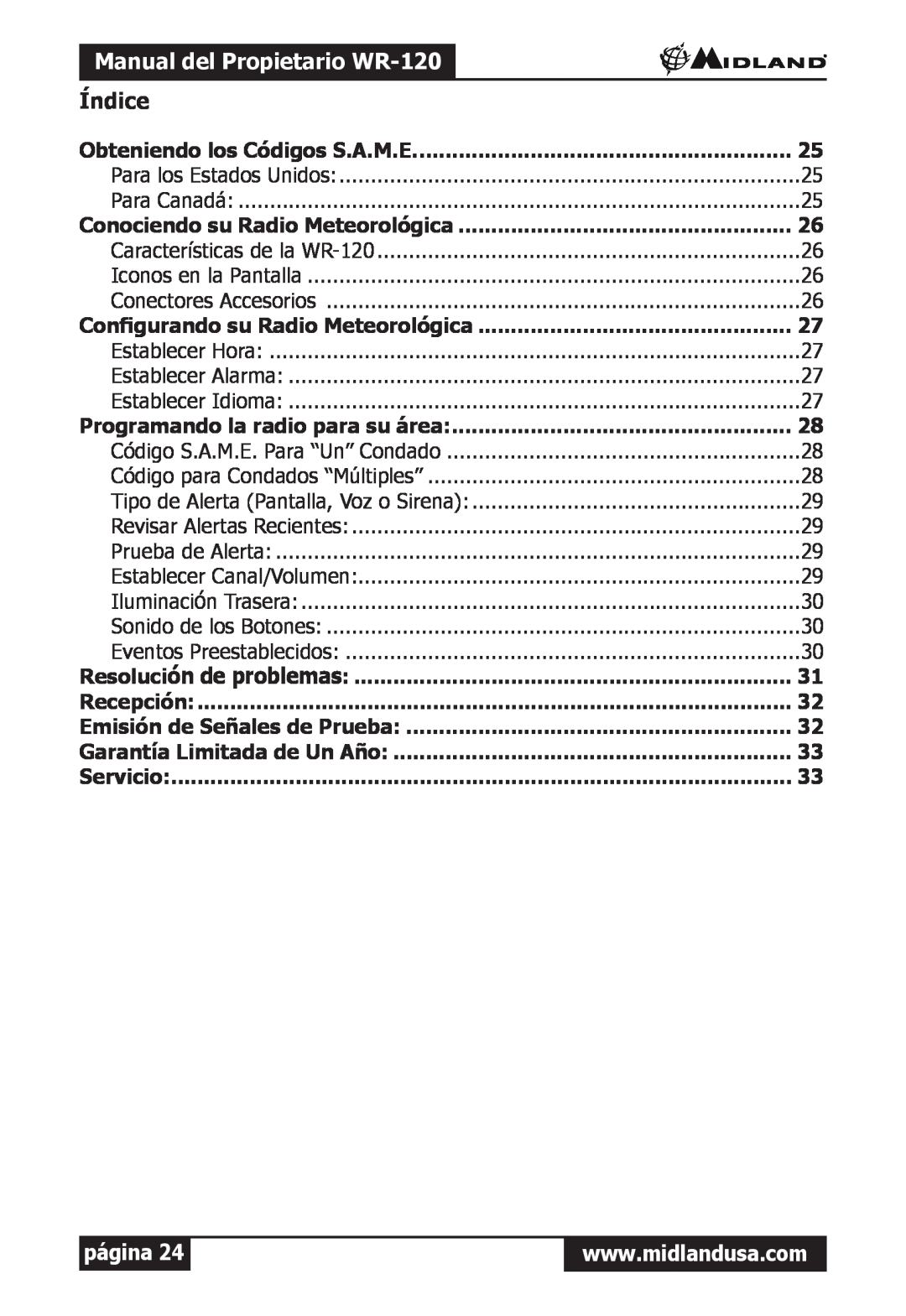 Midland Radio owner manual Manual del Propietario WR-120, Índice, Obteniendo los Códigos S.A.M.E, página 